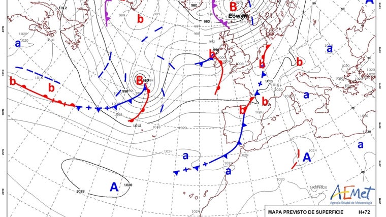 Mapa de superficie previsto de la Agencia Estatal de Meteorología