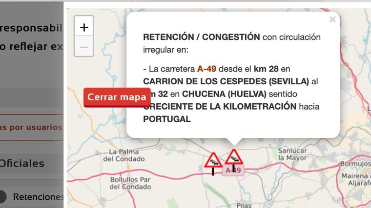 Retención de cuatro kilómetros en la A-49 por un autobús averiado