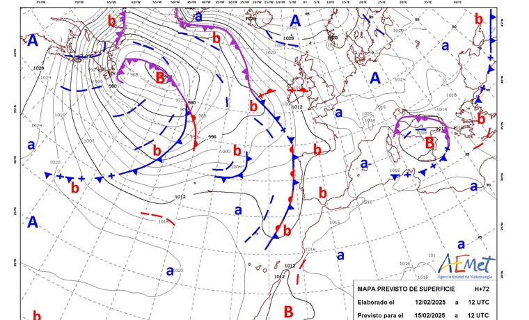 El sábado se encuentran un frente cálido y otro frío frente a las costas occidentales peninsulares, con lo cual habrá nubosidad pero no se esperan precipitaciones