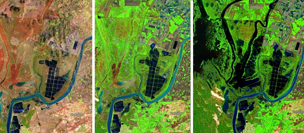 Imagen por satélite del parque en octubre de 2024 (izq.), el 15 de enero (centro) y el pasado 4 de febrero (dcha.), cuando aún no había descargado en el espacio natural las últimas borrascas