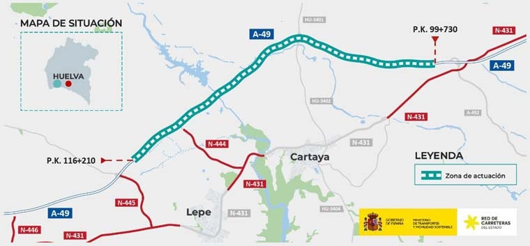 Licitado por 12,3 millones la rehabilitación de la A-49 a su paso por Cartaya y Lepe