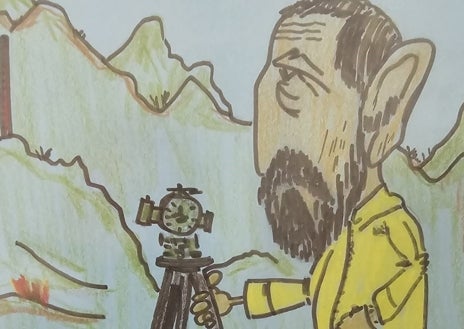 Imagen secundaria 1 - Junto a sus compañeros de estudios (es el primero de arriba a la izquierda). En las fotografías de abajo, una caricatura realizada por sus alumnos de la universidad y trabajando desde el mirador de la casa natal de Juan Ramón Jiménez