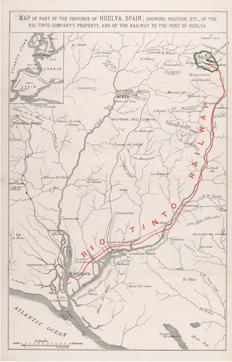 Mapa británico de 1875 en el que se recomienda la ruta a seguir por  la línea ferroviaria entre las minas y el puerto de Huelva