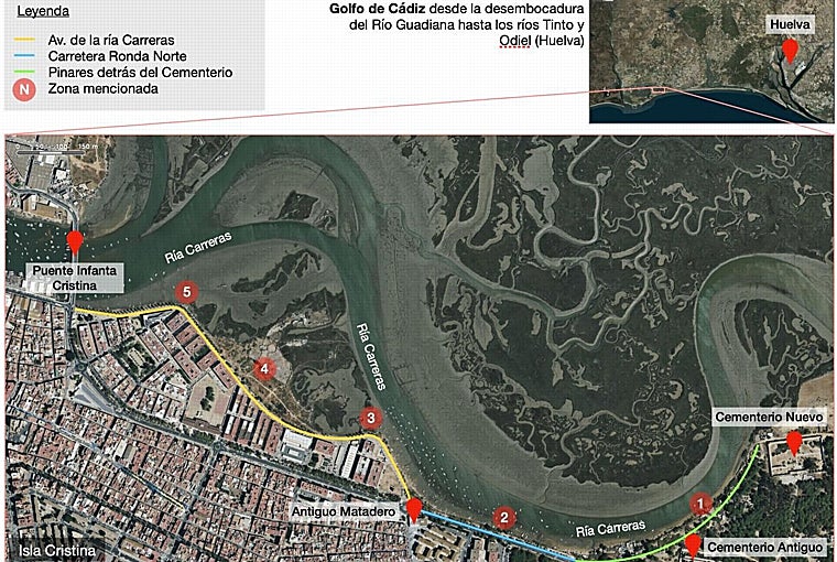 Los diversos lugares marcados en los que se acumulan todo tipo de residuos en las inmediaciones del municipio costero
