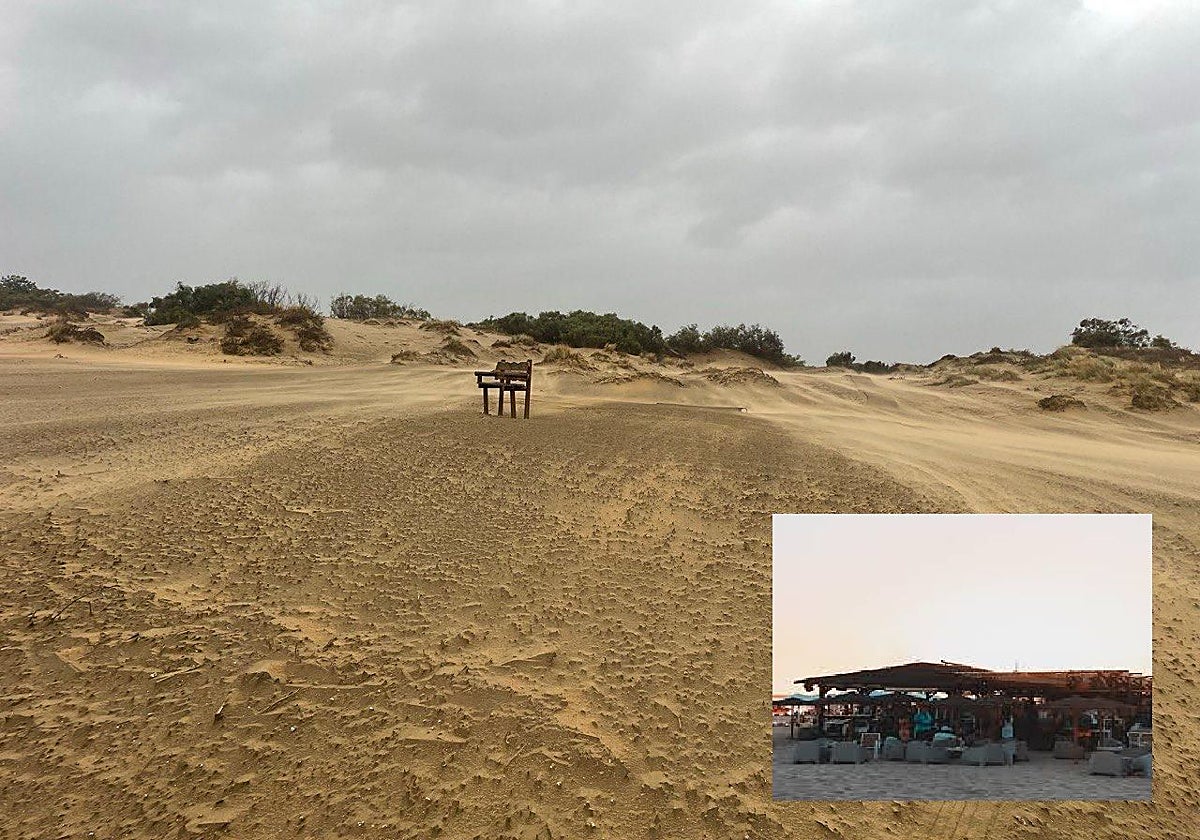 Estado actual de la playa de la Bota y en un detalle, el chiringuito desmontado
