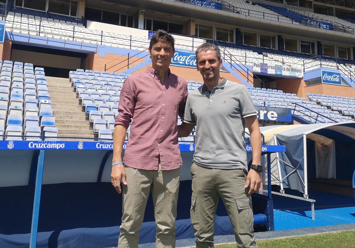 Juan Alfaro esta mañana junto a Jesús Vázquez en el Nuevo Colombino