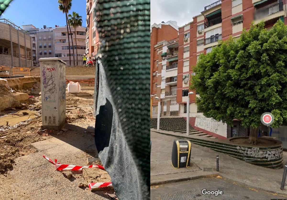 En el lado izquierdo, imagen de la obra, y a la derecha donde estaba el árbol