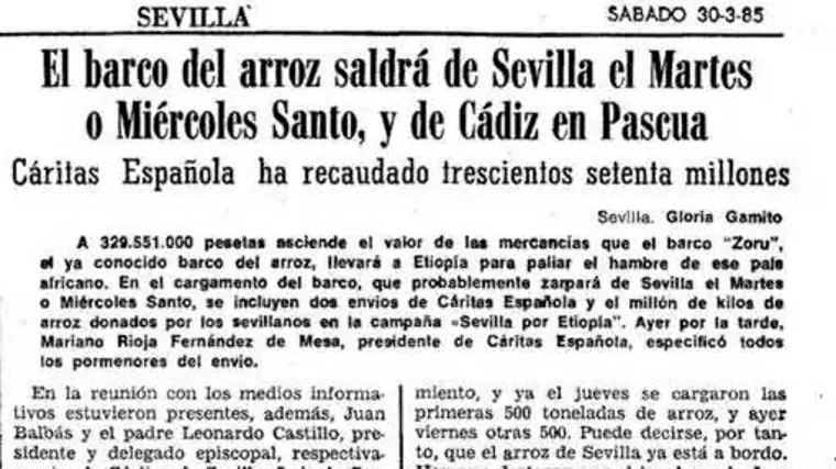 Recorte del ABC de Sevilla anunciando la partida del barco hacia Etiopía