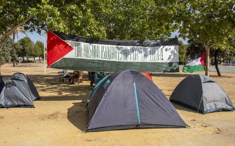 Imagen principal - La acampada por el alto el fuego en Palestina en la Universidad de Huelva se instaló este miércoles