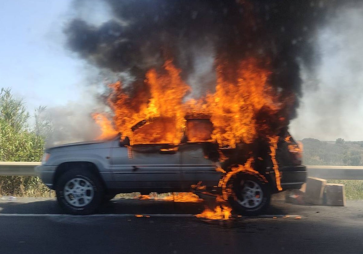 El vehículo ardiendo esta tarde en el arcén de la A-49