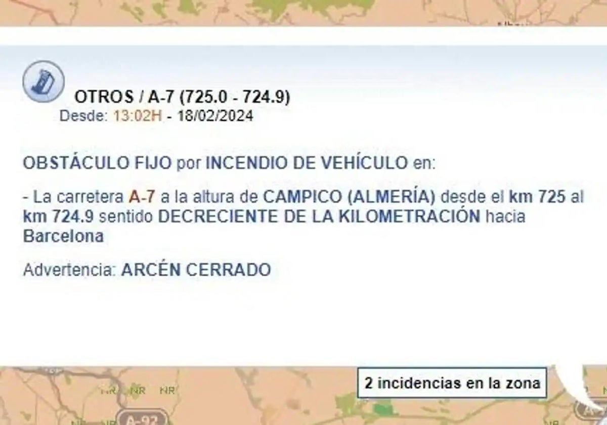 Aviso de la incidencia de tráfico que ha provocado el suceso