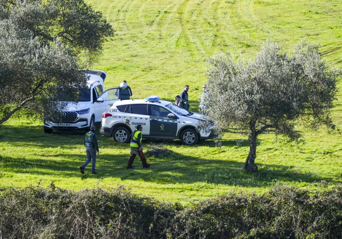 Los agentes y un operario que ha ayudado a desbrozar las márgenes del arroyo en la finca donde se busca a Noemí