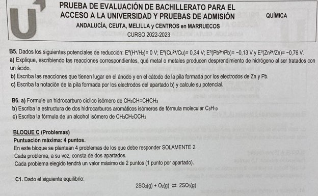 El examen de Química de Selectividad 2023 en Andalucía