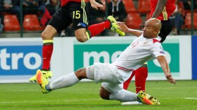 Jason Pusey en un encuentro internacional con la selección de Gibraltar.