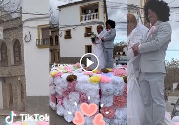 Vídeo: El original disfraz de tarta de boda en Cádiz que 'esconde' personas en su interior