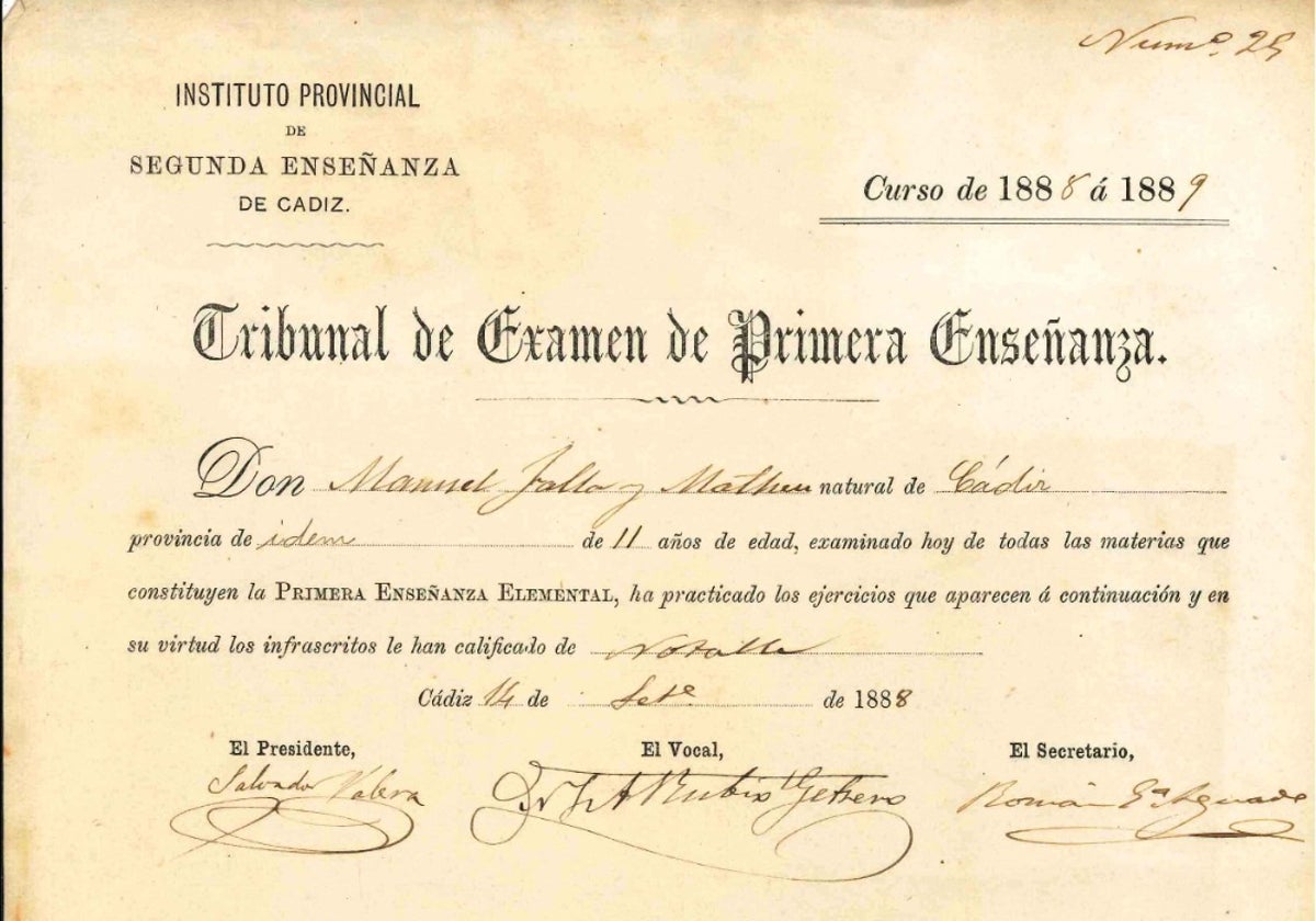 Documento que recoge las notas de Primera Enseñanza del músico gaditano Manuel de Falla cuando tenía 11 años.