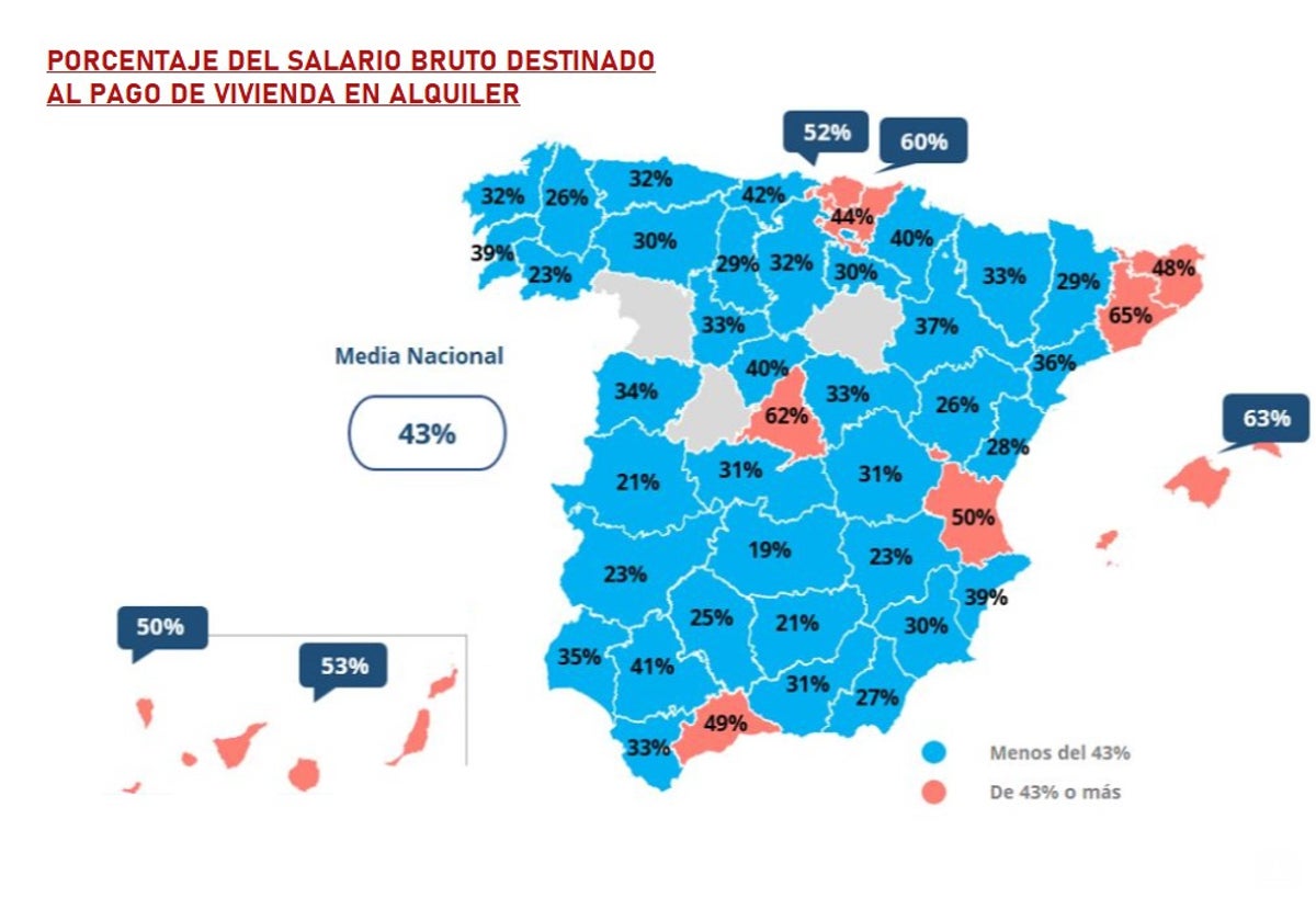 Mapa con los porcentajes de salario para el alquiler