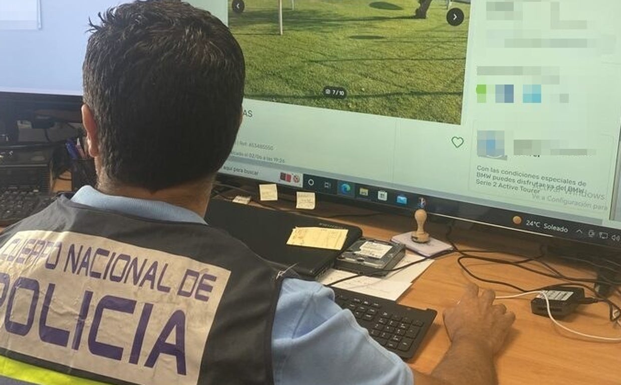 Un agente de la Unidad de Delitos Tecnológicos de la Policía Nacional en Cádiz revisa una plataforma de alquileres de viviendas.