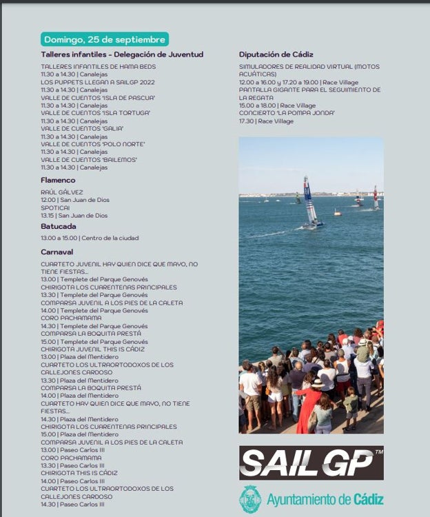 Programación y horario de las actividades de la Sail GP en Cádiz: Carnaval, flamenco o batucada