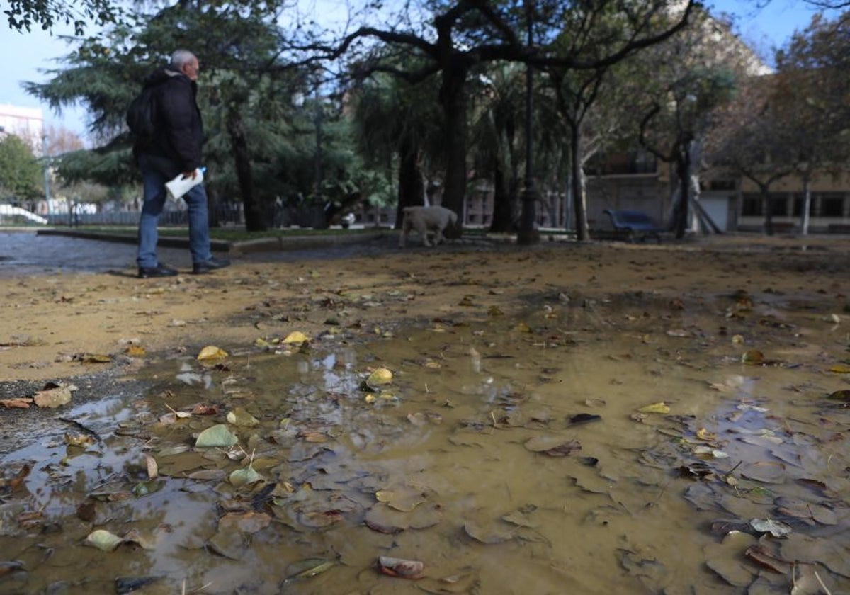 Grandes acumulaciones de agua en la renovada Plaza de España esta semana.