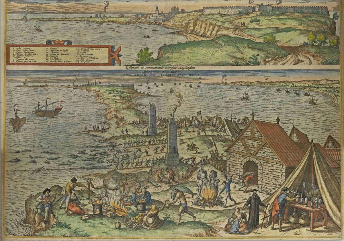 Vista de Cádiz, con representación en primer término de una almadraba, en la Obra 'Civitates Orbis Terrarum (1564-1578)', de Joris Hoefnagel.