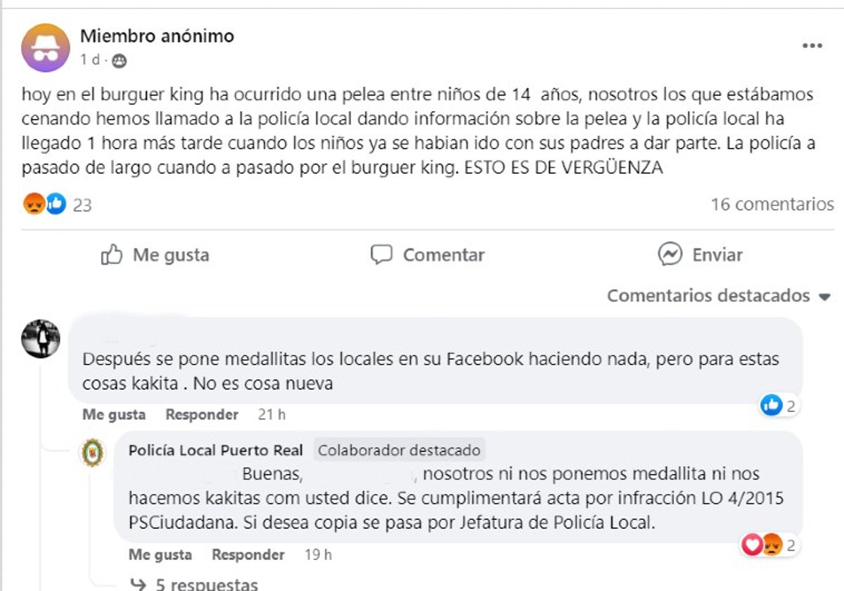 Conversación de un usuario en Facebook con la Policía Local de Puerto Real