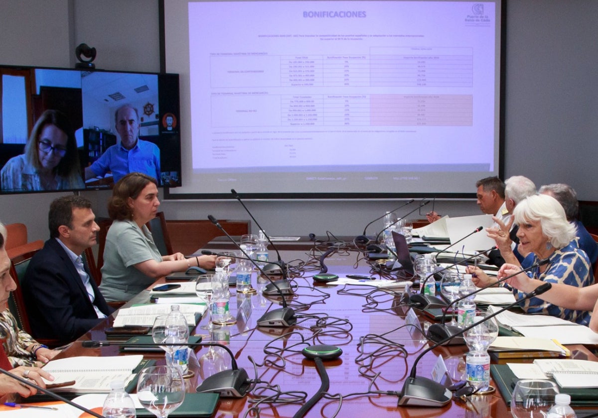 Teófila Martínez, frente al alcalde de Cádiz, en el Consejo de Administración de la APBC.