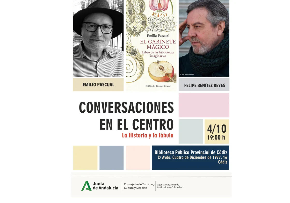Cartel de la jornada de conversación de los escritores Emilio Pascual y Felipe Benítez Reyes.