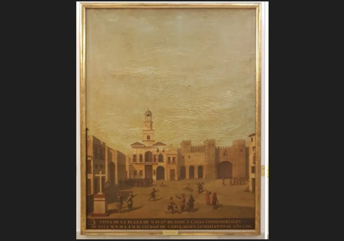 Así ha quedado el cuadro &#039;Plaza de San Juan de Dios en 1596&#039; del Museo de las Cortes tras su restauración