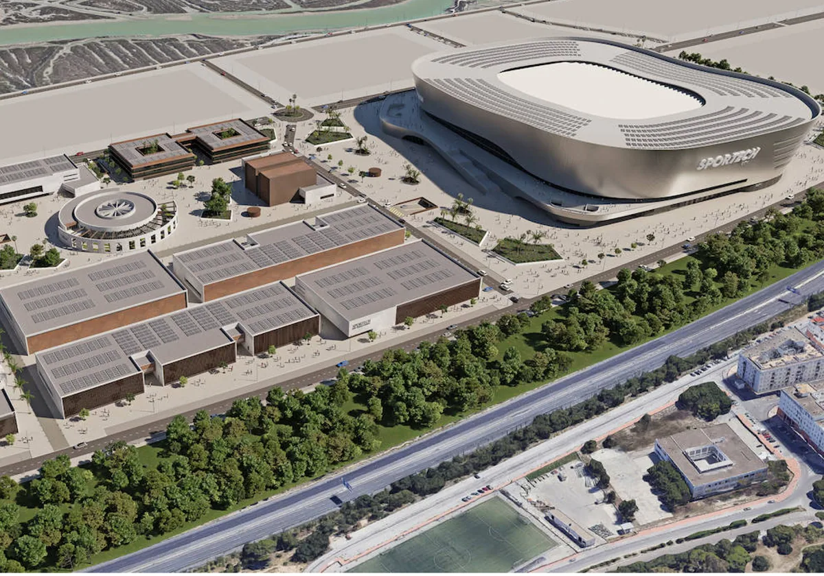 Imagen en realidad virtual de la ciudad deportiva que pretende construir el Cádiz CF en los terrenos de Delphi