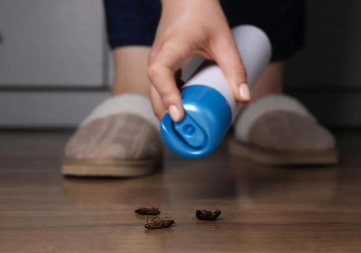 Una persona usa insecticida contra unas cucarachas en su hogar
