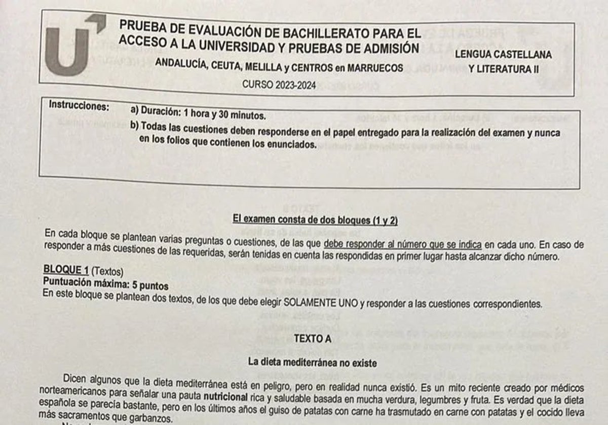 El examen de Lengua y Literatura en la PEvAU2024: Luis Cernuda y un texto periodístico sobre la dieta mediterránea