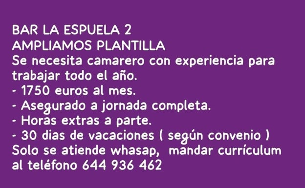 Oferta de trabajo para el bar La Espuela II.