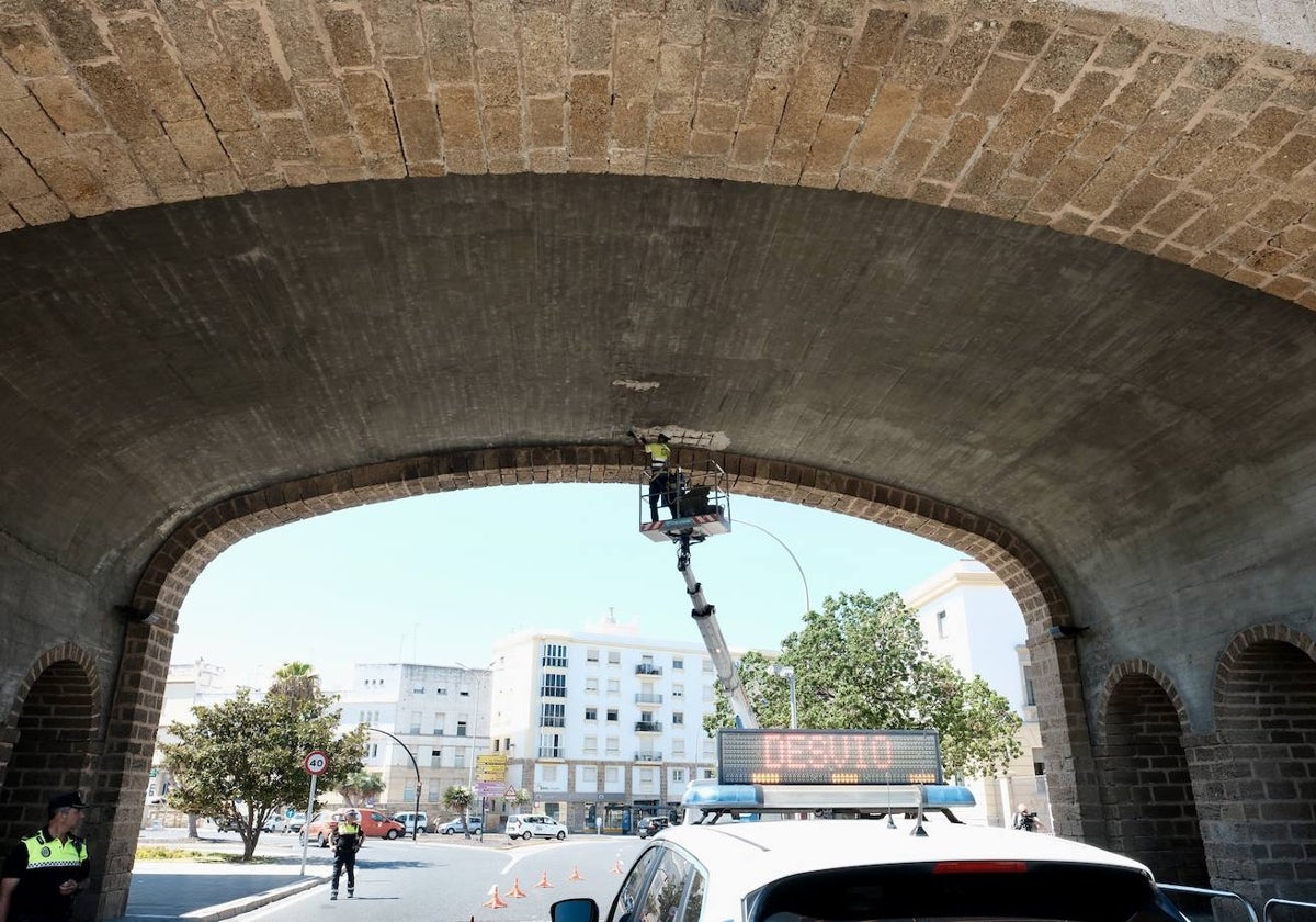 Un operario trabajando en la fisura detectada en uno de los arcos de la Puerta de Tierra el pasado 20 de agosto.