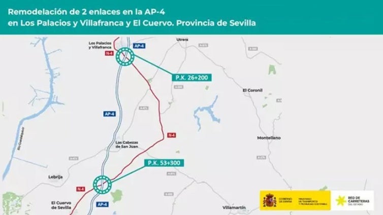 El Gobierno aprueba provisionalmente la remodelación de los enlaces de la AP-4 con Los Palacios y El Cuervo