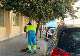 Un operario de Valoriza, realizando labores de limpieza esta mañana