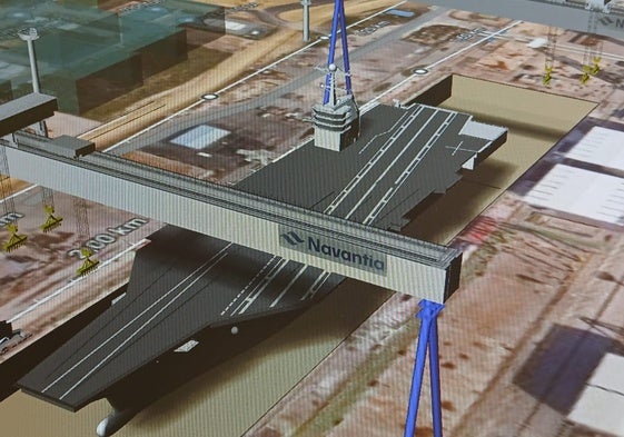 magen en realidad virtual de la construcción del nuevo portaviones en el dique de Puerto Real. La imagen es una simulación realizada por el comité de mpresa