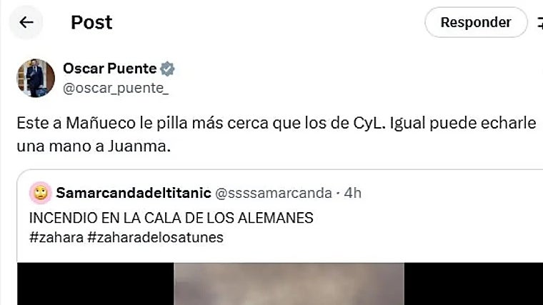El ministro Óscar Puente bromea con el incendio de Tarifa en redes sociales: «Igual puede echarle una mano a Juanma»