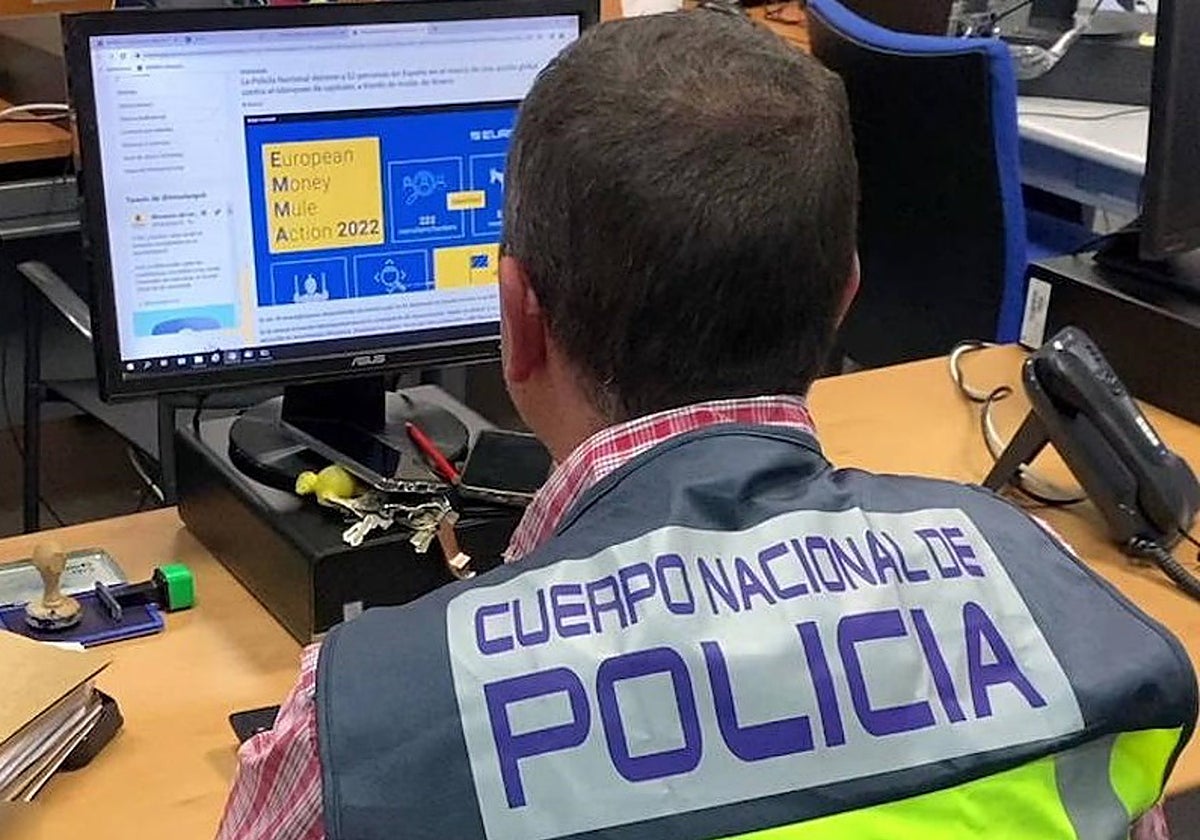 Un agente de la Policía Nacional en un ordenador investigando delitos a través de internet