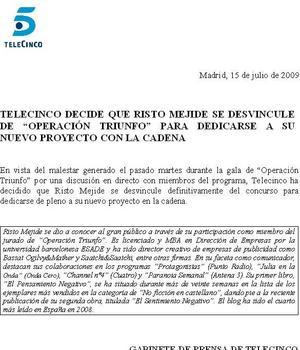 Telecinco emite un comunicado sobre la expulsión de Risto de «OT»