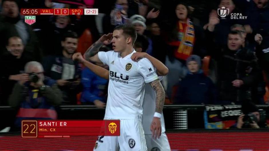 Gol de Santi Mina (1-0) en el Valencia 3-0 Sporting