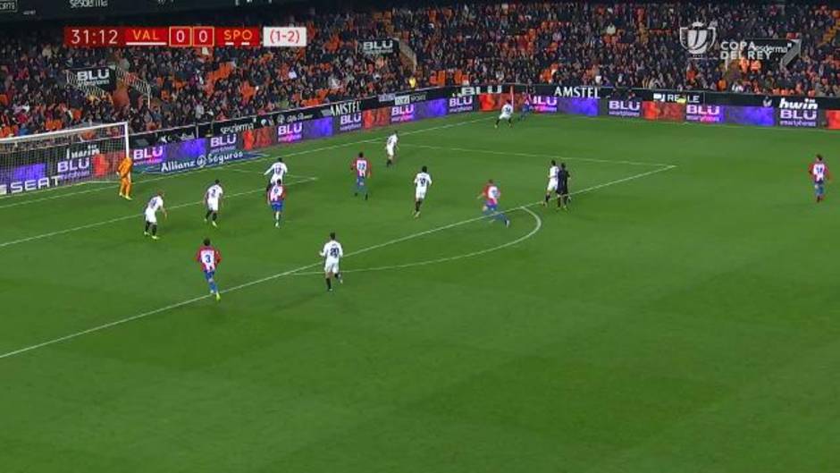 Ocasión fallida de gol de Robin Lod en el Valencia 3-0 Sporting de octavos de Copa del Rey