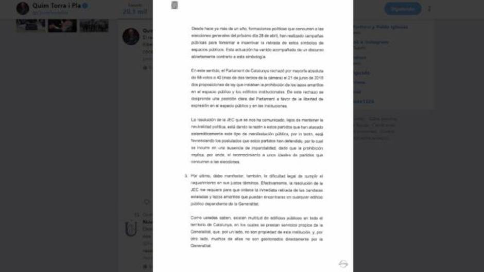 Torra mantiene el lazo amarillo en la Generalitat