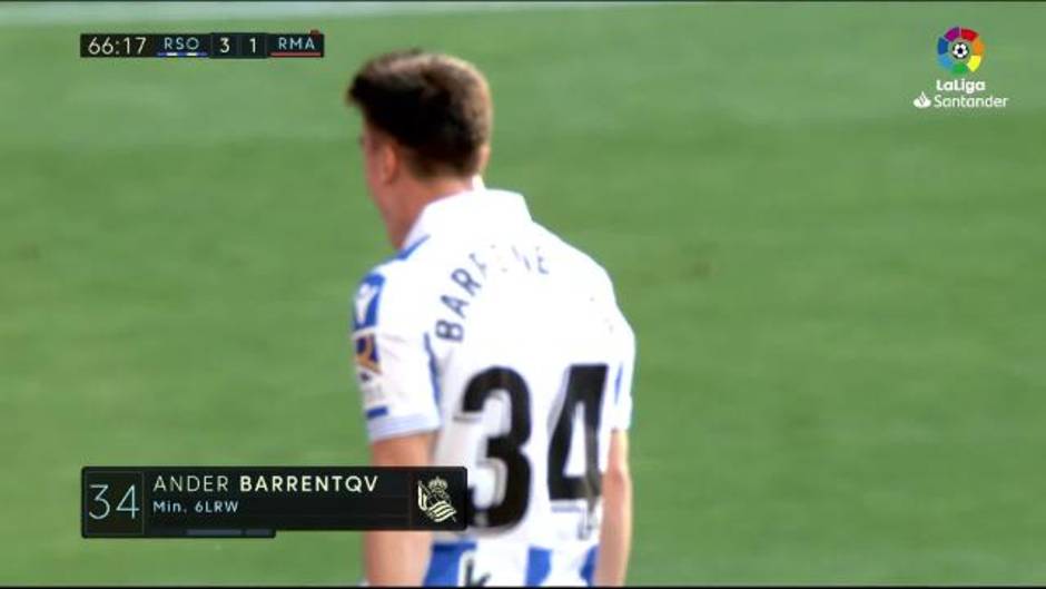 Gol de Barrenetxea (3-1) en el partido de la Real Sociedad 3 - 1 Real Madrid