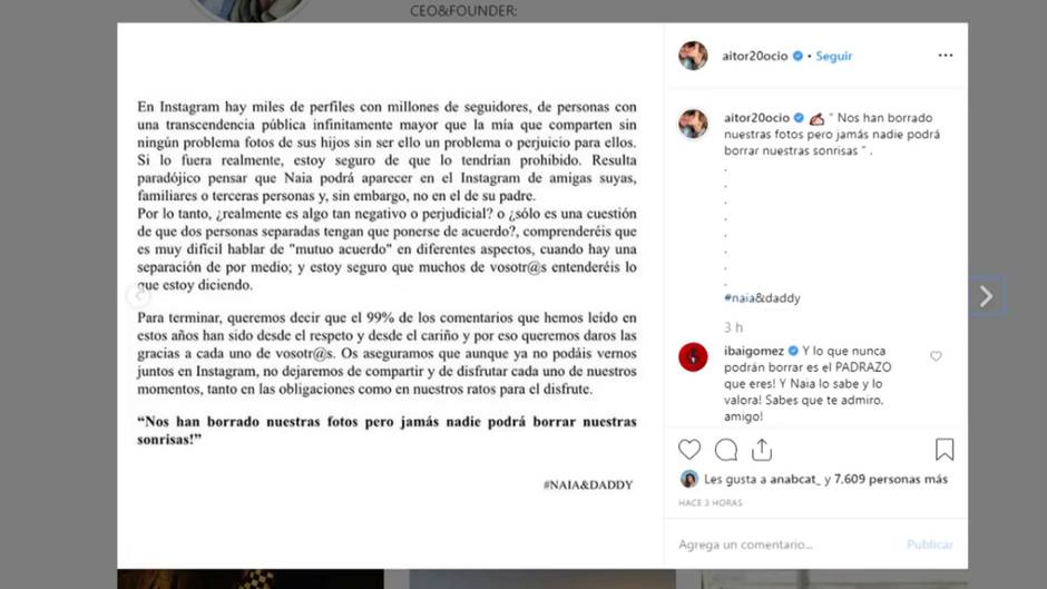 Aitor Ocio, obligado a quitar las fotos de su hija en Instagram