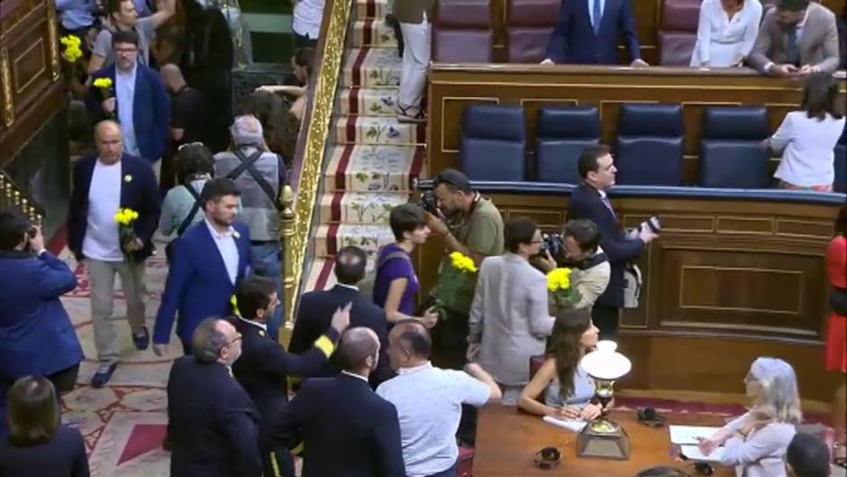 Los diputados de ERC llenas sus escaños de flores amarillas