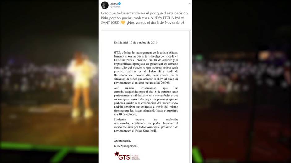 Aitana suspende un concierto en Cataluña por las protestas