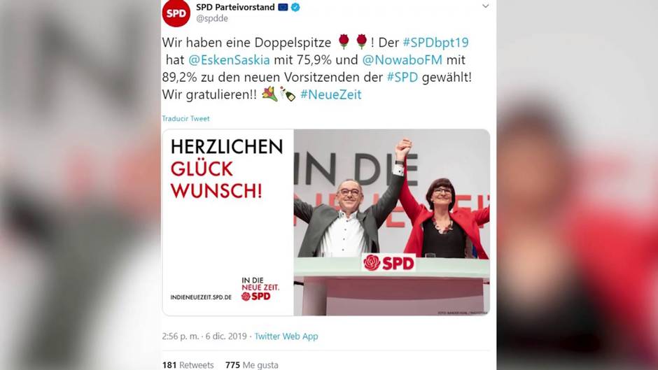 El SPD elige como nuevos líderes a dos izquierdistas del partido