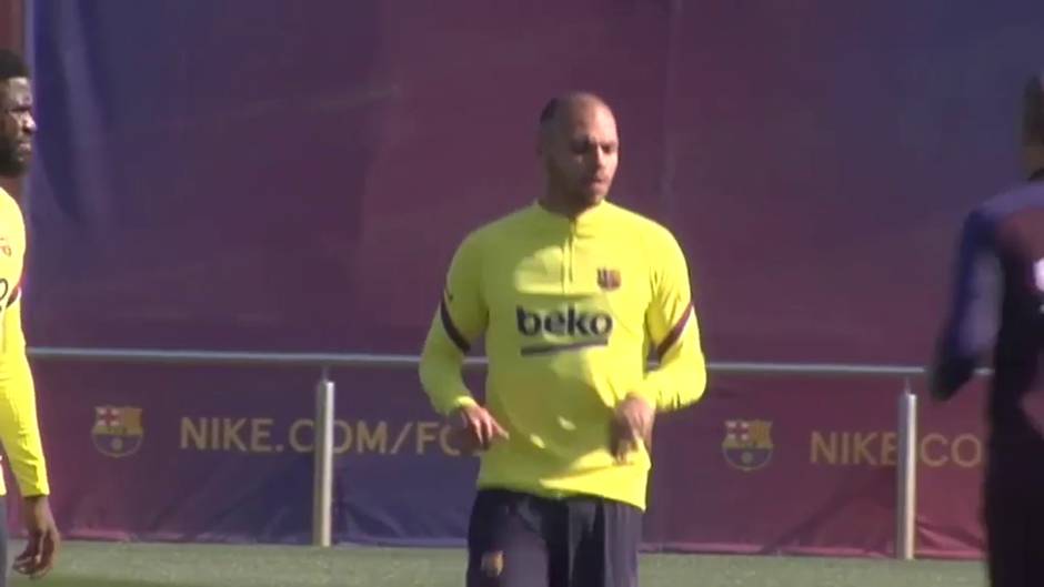 Primer entrenamiento de Braithwaite con el Barça