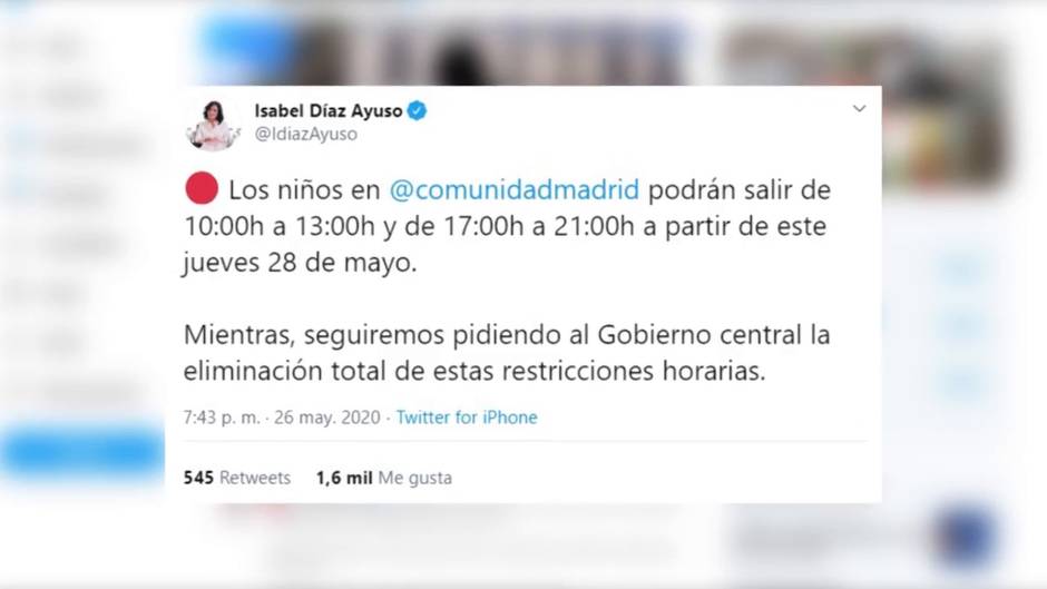 Niños podrán salir en Madrid entre las 10 y las 13 horas y las 17 y las 21 horas